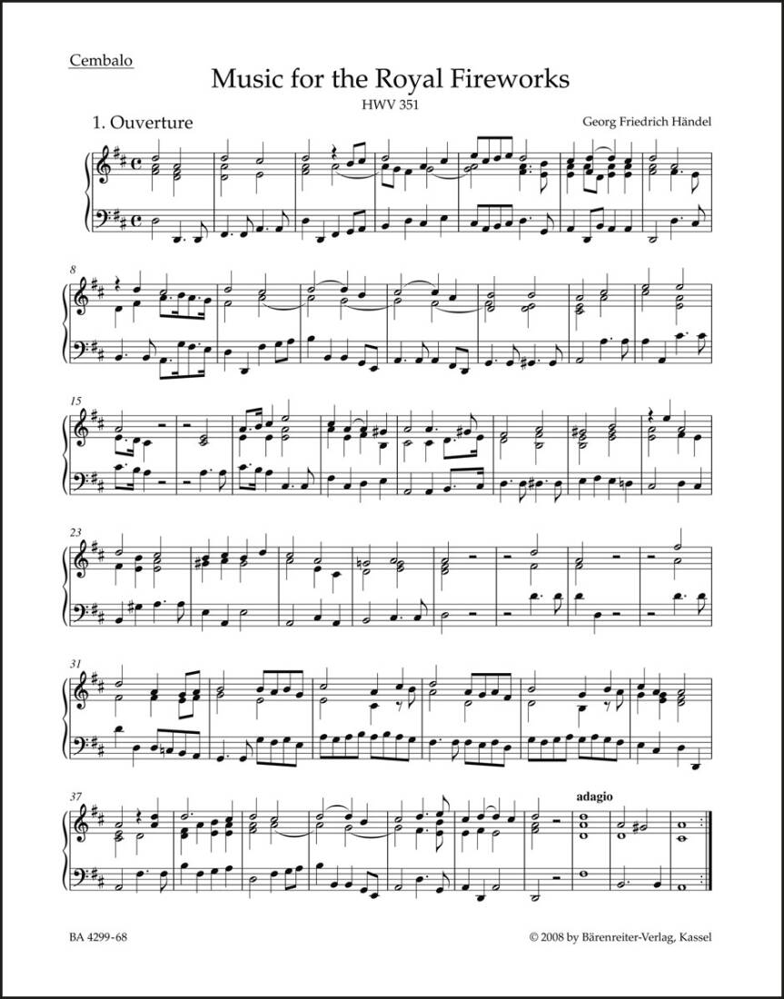 Music for the Royal Fireworks HWV 351 - Handel - Harpsichord Part, Urtext Edition