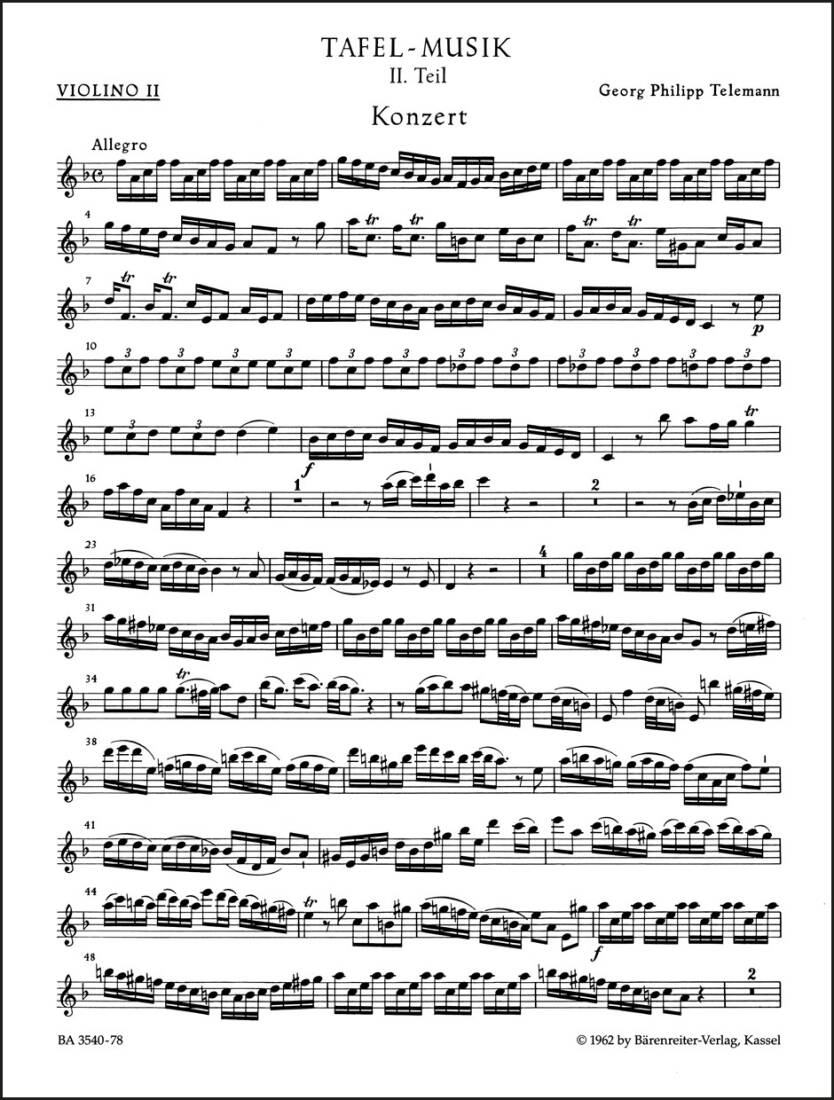 Concerto in F Major TWV 53:F1 - Telemann - Violin Solo II Part, Urtext Edition