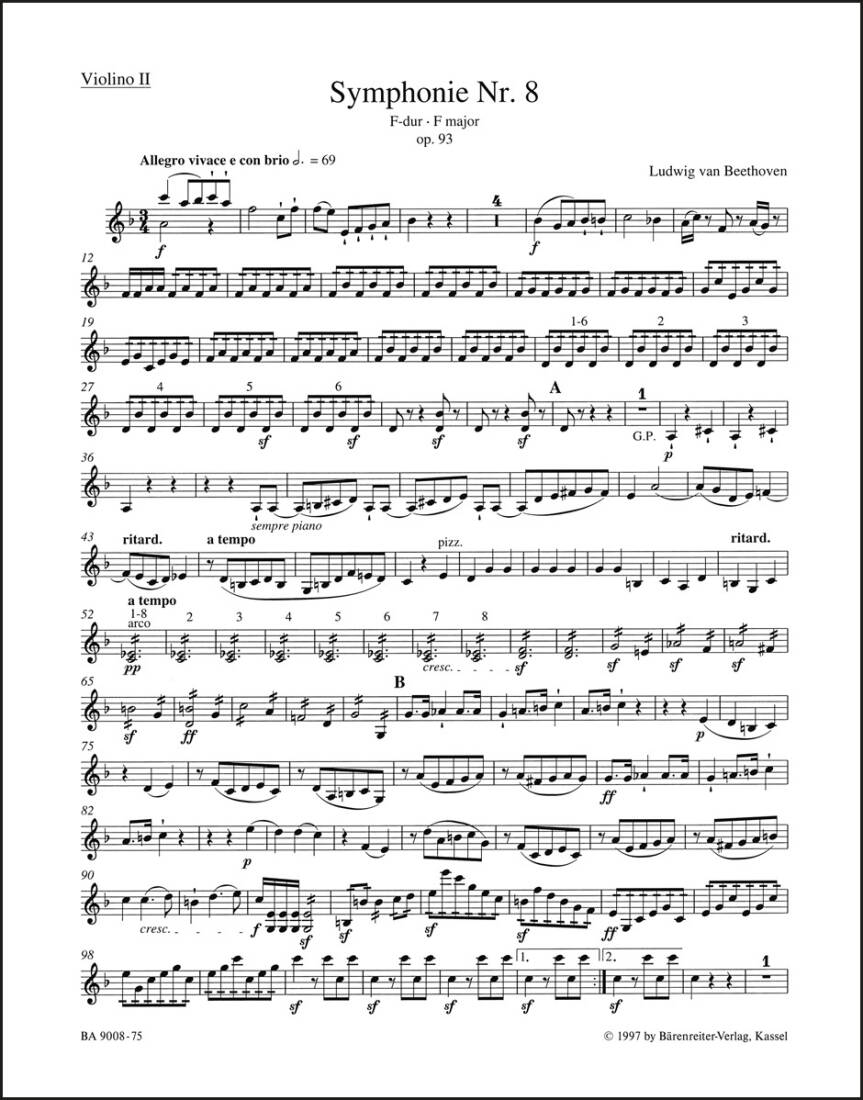 Symphony No. 8 in F Major Op. 93 - Beethoven - Violin II Part, Urtext Edition