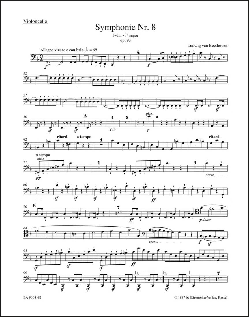 Symphony No. 8 in F Major Op. 93 - Beethoven - Cello Part, Urtext Edition