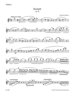 Sextet for 2 Violins, 2 Violas and 2 Violoncellos in G Major Op. 36 - Brahms - Set of Parts, Urtext Edition - String Sextet