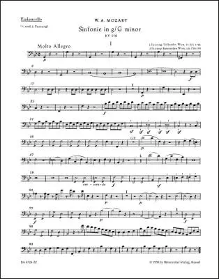 Baerenreiter Verlag - Symphony No. 40 in G Minor K. 550 - Mozart - Cello Part, Urtext Edition