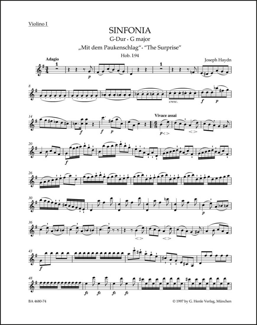 Symphony in G Major Hob. I:94 \'\'the Surprise\'\' - Haydn - Violin I Part, Urtext Edition