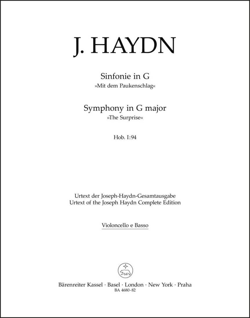 Symphony in G Major Hob. I:94 \'\'the Surprise\'\' - Haydn - Cello/Double Bass Part, Urtext Edition