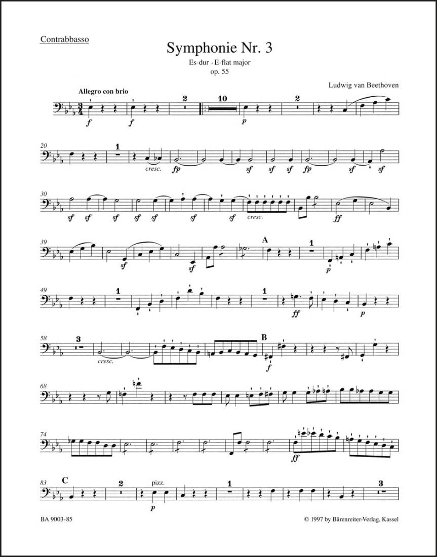 Symphony No. 3 in E-flat Major Op. 55 \'\'Eroica\'\' - Beethoven - Double Bass Part, Urtext Edition