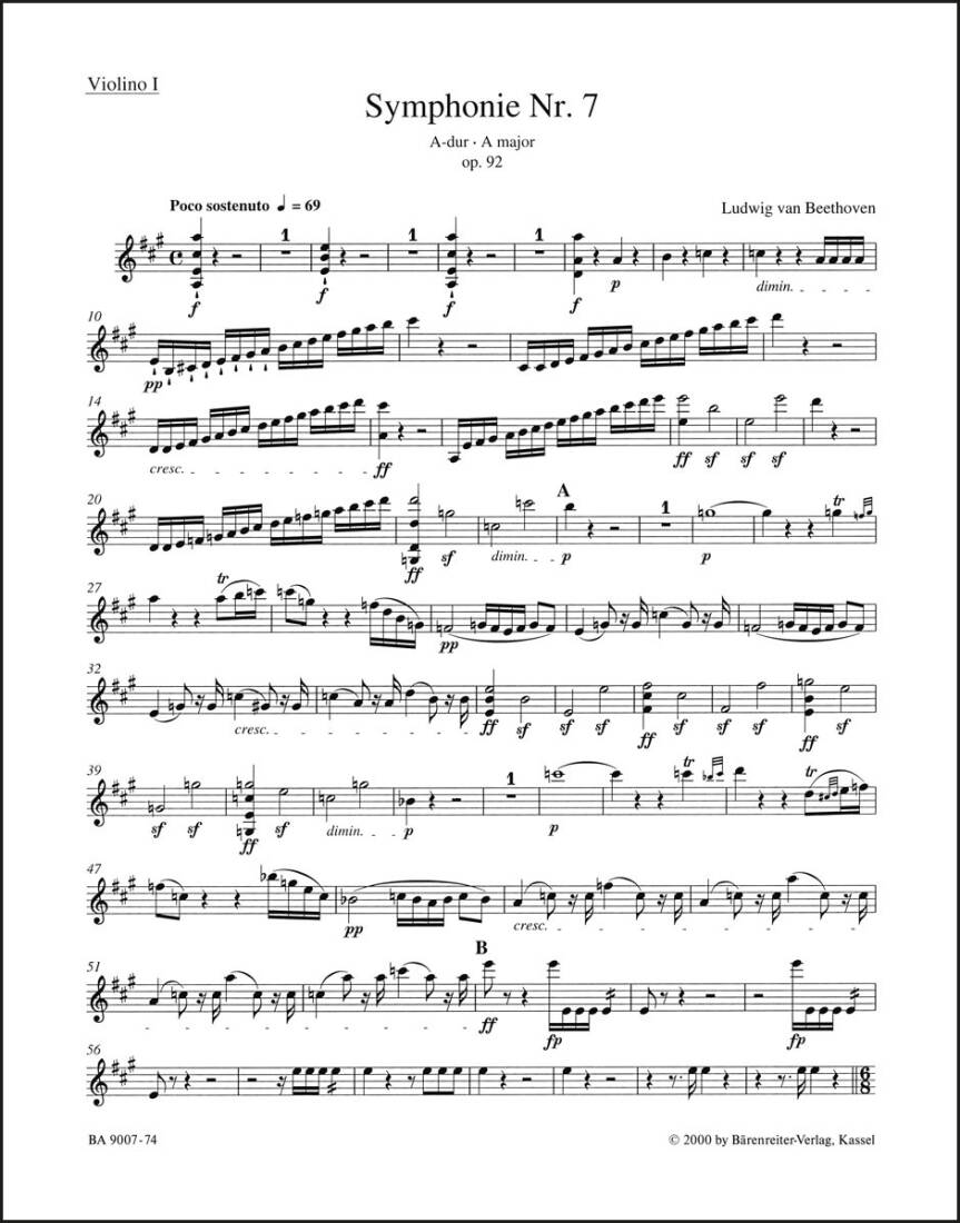 Symphony No. 7 in a Major Op. 92 - Beethoven - Violin I Part, Urtext Edition