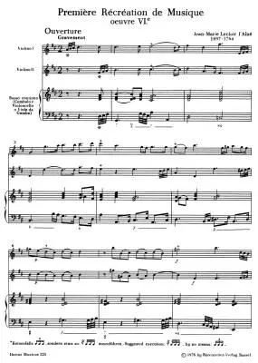 Premiere Recreation de Musique fur Zwei Violinen und Basso Continuo Op. 6 - Leclair - Performance Score, Set of Parts - Violin, Basso Continuo