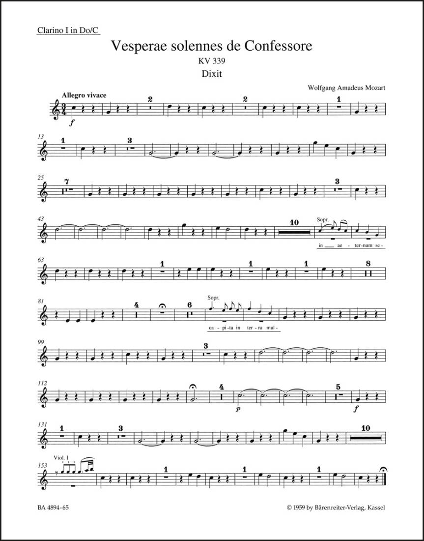 Vesperae Solennes de Confessore K. 339 - Mozart - Wind Set, Urtext Edition