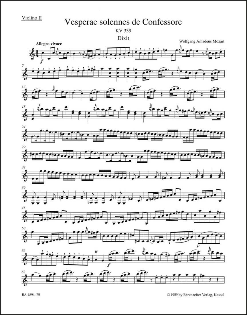 Vesperae Solennes de Confessore K. 339 - Mozart - Violin II Part, Urtext Edition
