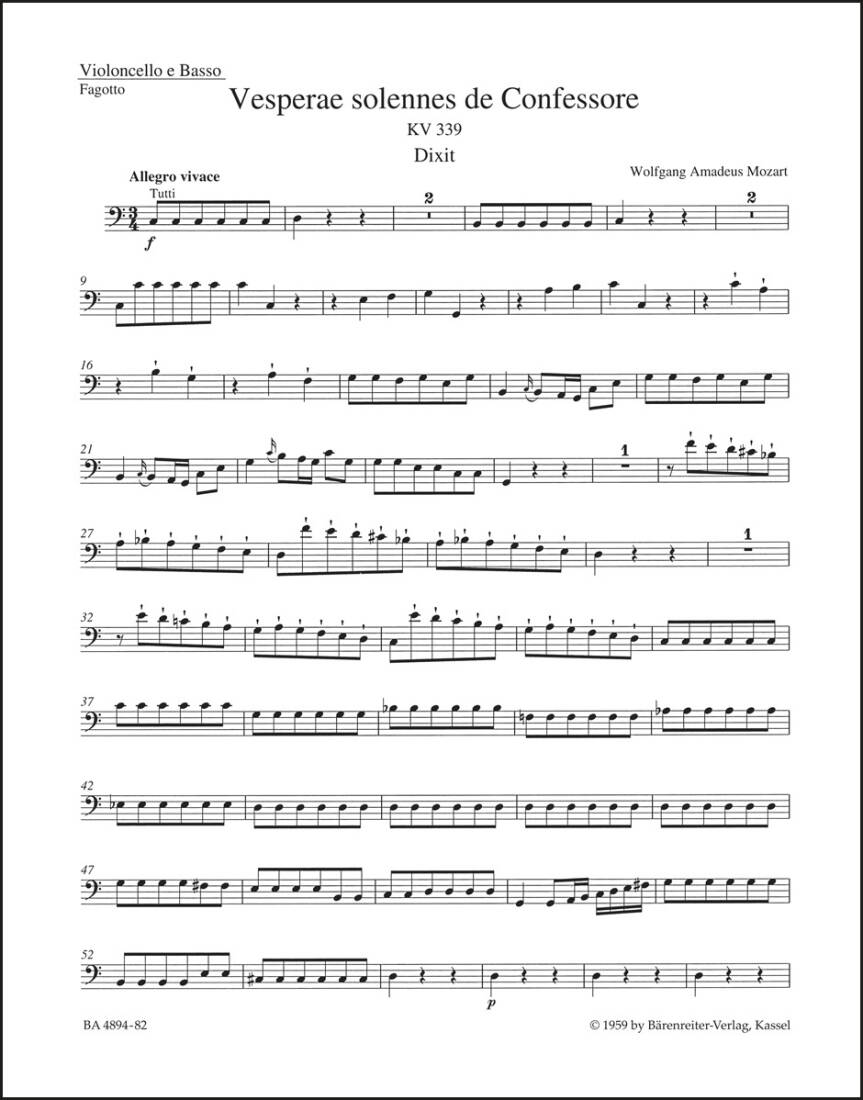 Vesperae Solennes de Confessore K. 339 - Mozart - Cello/Double Bass/Bassoon Part, Urtext Edition