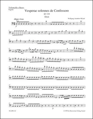 Vesperae Solennes de Confessore K. 339 - Mozart - Cello/Double Bass/Bassoon Part, Urtext Edition