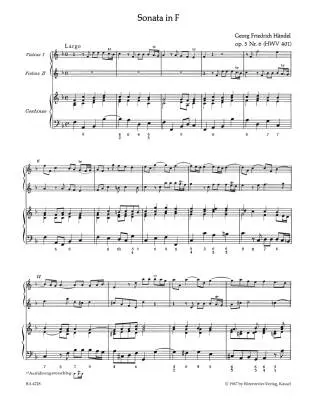 Three Trio Sonatas for Two Violins (Flutes) and Bc Op. 5 HWV 397,398,401 - Handel - Performance Score, Set of Parts, Urtext Edition, Anthology
