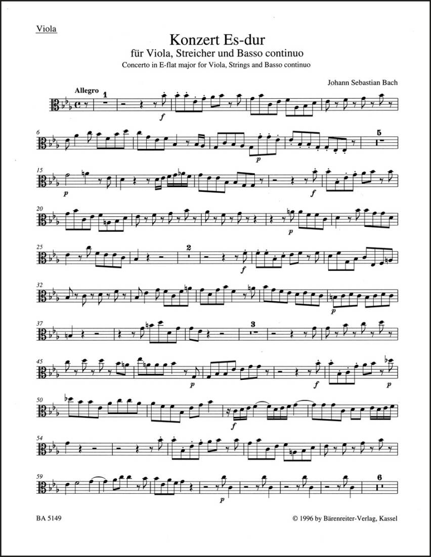 Concerto for Viola, Strings and Basso Continuo in E-flat Major - Bach - Viola Part, Urtext Edition