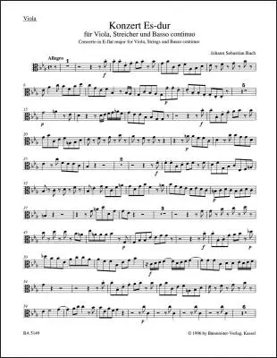 Concerto for Viola, Strings and Basso Continuo in E-flat Major - Bach - Viola Part, Urtext Edition