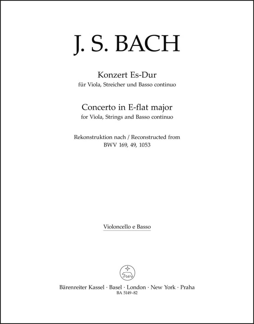 Concerto for Viola, Strings and Basso Continuo in E-flat Major - Bach - Cello/Double Bass Part, Urtext Edition