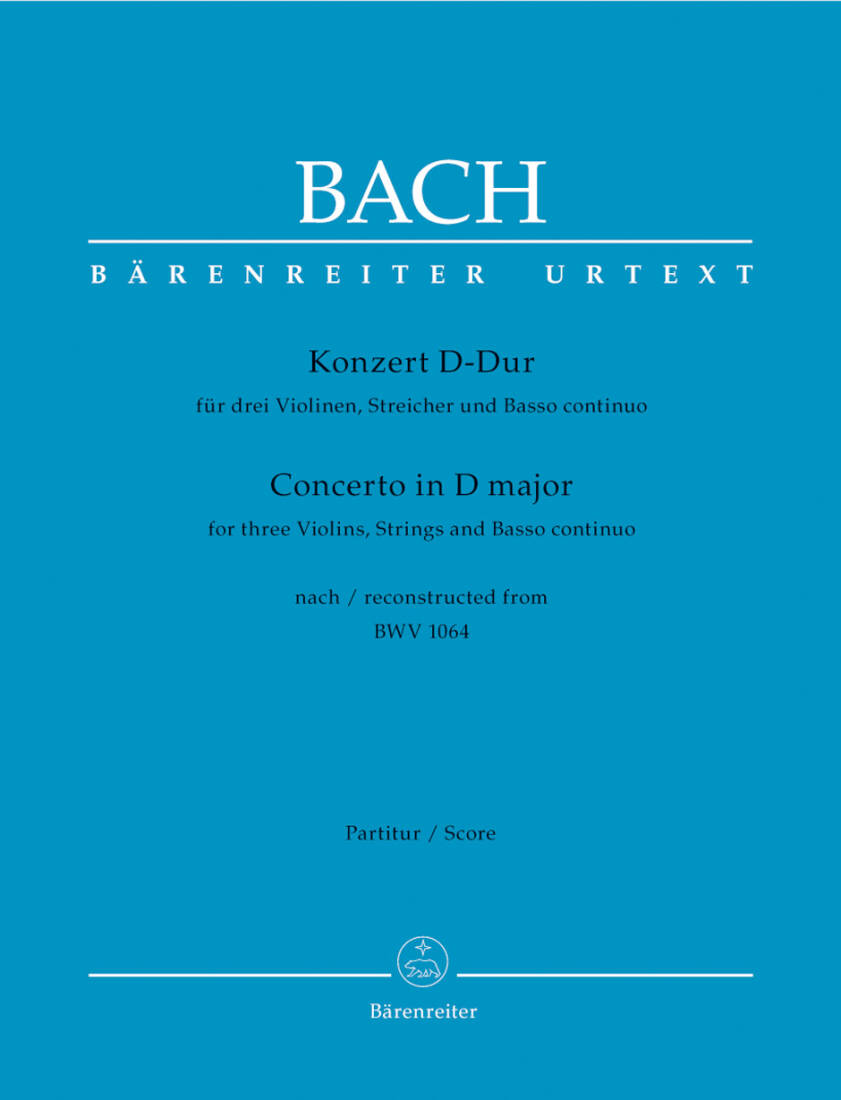 Concerto for Three Violins, Strings and Basso Continuo in D Major - Bach - Score, Urtext Edition - Violins (3), String Orchestra