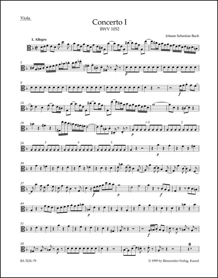 Concerto No. 1 in D Minor BWV 1052 - Bach - Viola Part, Urtext Edition