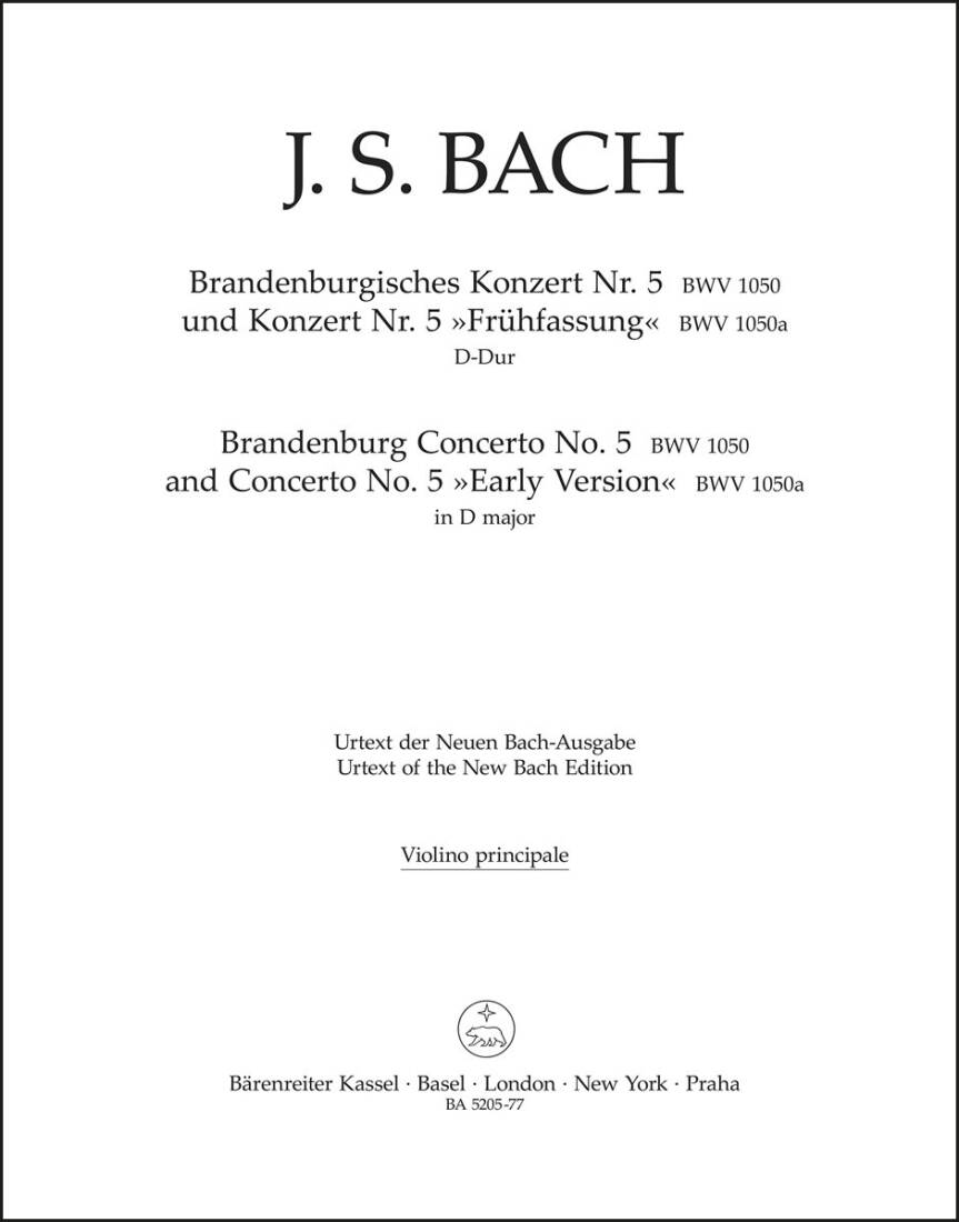 Brandenburg Concerto No. 5 BWV 1050 and BWV 1050a - Bach - Violin Solo Part, Urtext Edition