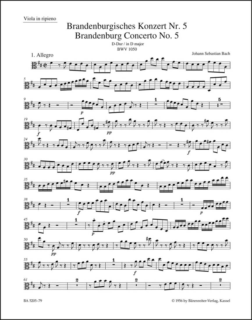 Brandenburg Concerto No. 5 BWV 1050 and BWV 1050a - Bach - Viola Part, Urtext Edition