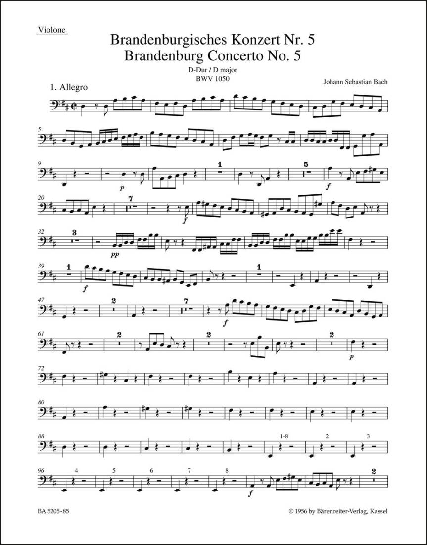Brandenburg Concerto No. 5 BWV 1050 and BWV 1050a - Bach - Double Bass/Violin Part, Urtext Edition