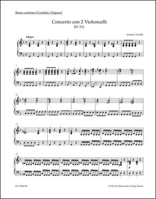 Baerenreiter Verlag - Concerto for Two Violoncellos, Strings and Basso Continuo in G Minor RV 531 - Vivaldi - Part, Urtext Edition