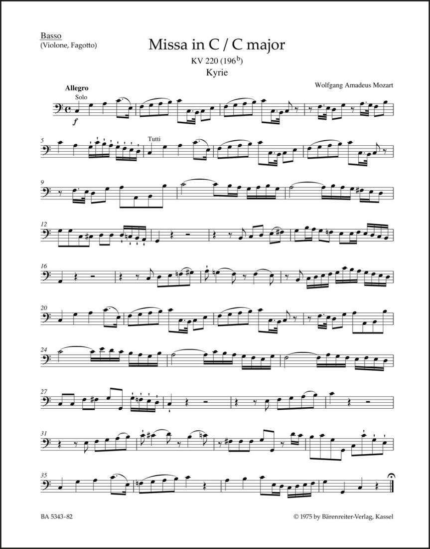Missa in C Major K. 220 (196b) \'\'Sparrow Mass\'\' - Mozart - Cello/Double Bass/Bassoon Part, Urtext Edition