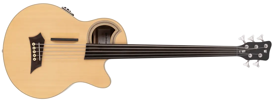 RockBass Alien Deluxe Hybrid Thinline Fretless 5-String Acoustic-Electric Bass Guitar - Natural Transparent Satin