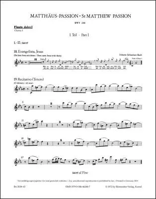 Baerenreiter Verlag - St. Matthew Passion BWV 244 - Bach - Wind Set, Urtext Edition