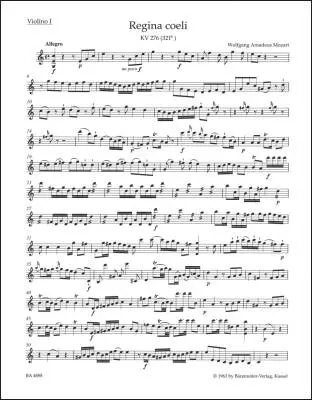 Baerenreiter Verlag - Regina Coeli in C Major K. 276 (321b) - Mozart - Violin I Part, Urtext Edition