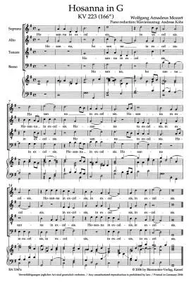 Hosanna in G Major K. 223 (166e) - Mozart - Vocal Score, Urtext Edition - Choir, Piano