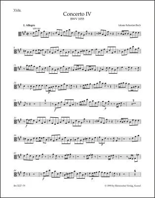 Baerenreiter Verlag - Concerto for Harpsichord and Strings No. 4 in a Major BWV 1055 - Bach - Viola Part, Urtext Edition