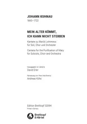Mein Alter Kommt, Ich Kann Nicht Sterben - Kuhnau - Vocal Score - SATB Accompanied