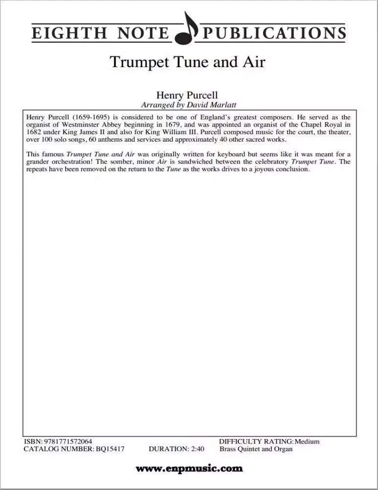 Trumpet Tune and Air - Purcell/Marlatt - Brass Quintet/Organ