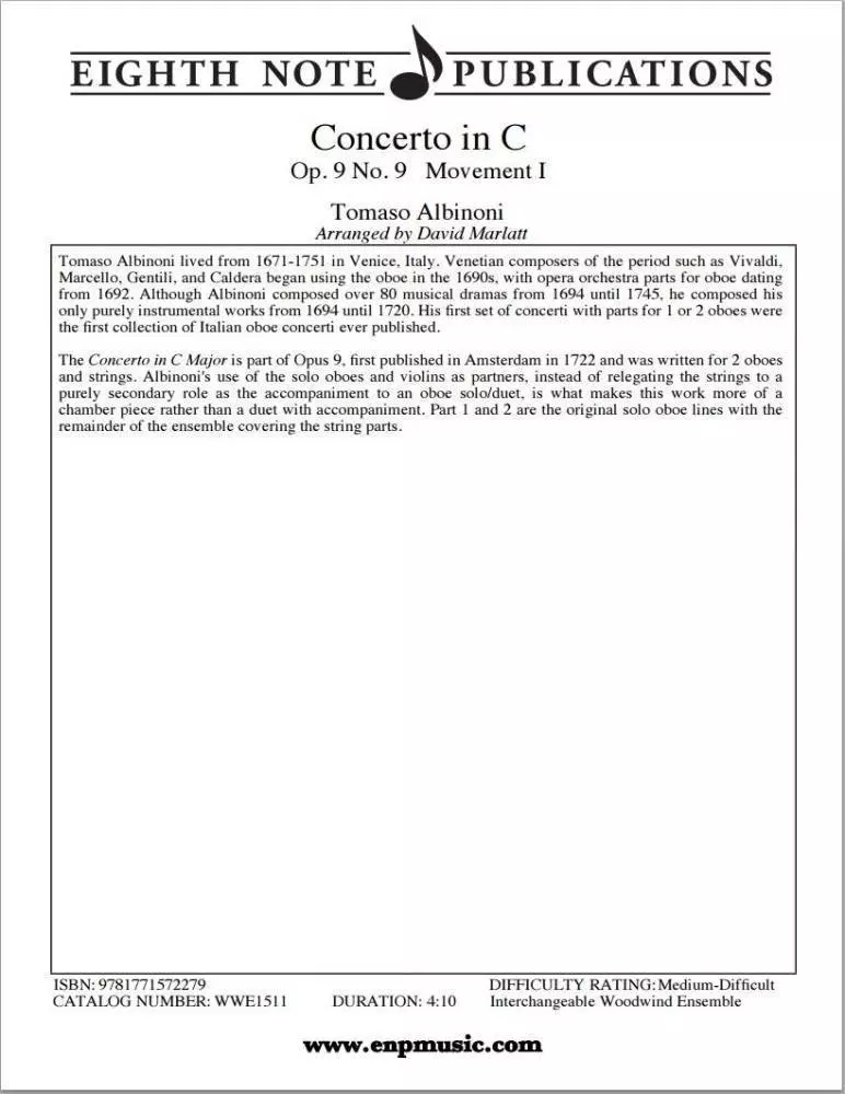 Concerto in C Op. 9 No. 9 - Movement I - Albinoni/Marlatt - Interchangeable Woodwind Ensemble