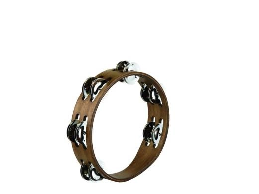 Compact 8 inch Wood Tambourine - 2 rows - Walnut Brown