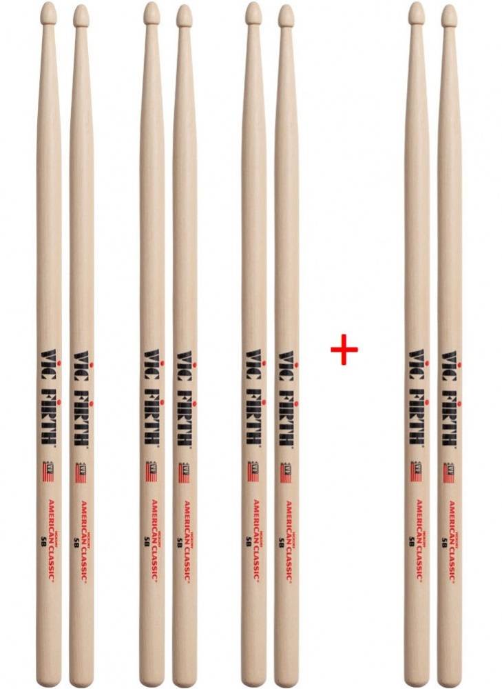 Vic Firth American Classic Hickory 5B Drumsticks -Three Pack plus 1 Pair free