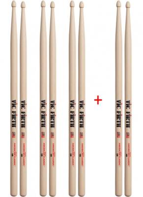 Vic Firth American Classic Hickory 5B Drumsticks -Three Pack plus 1 Pair free