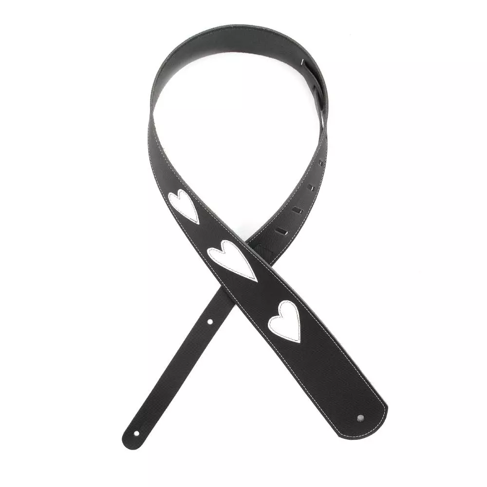 2.5\' Leather Guitar Strap, Heart Icon Patches - Black w/ White, by D\'Addario