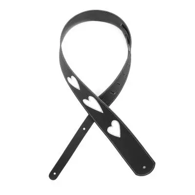 2.5\' Leather Guitar Strap, Heart Icon Patches - Black w/ White, by D\'Addario