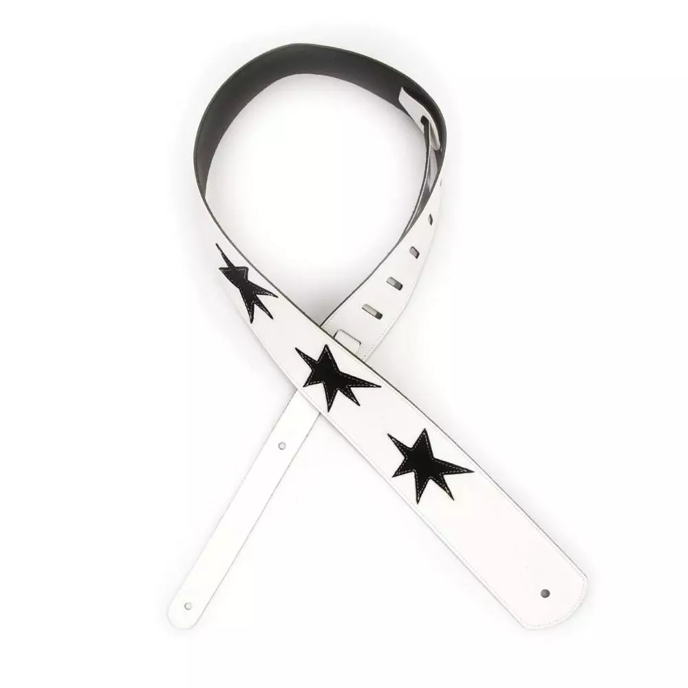 2.5\' Leather Guitar Strap, Star Icon Patches - White w/ Black, by D\'Addario