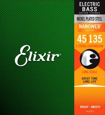 Elixir Strings - NANOWEB 5-String Long Scale Electric Bass Strings - Light/Med 45-135
