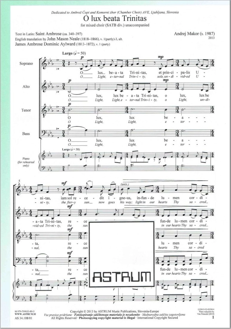 O lux beata Trinitas - St. Ambrose/Makor - SATB divisi