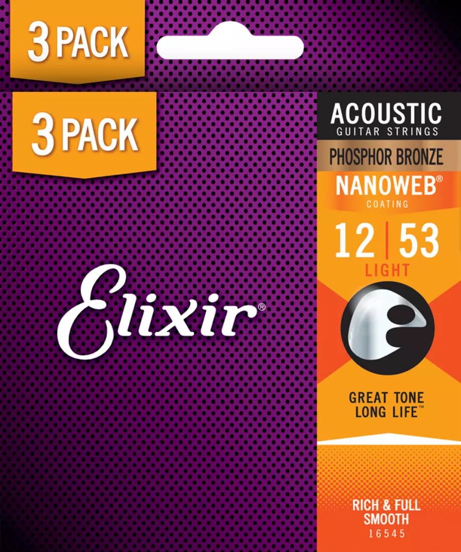 Phosphor Bronze Nanoweb Light Acoustic Guitar Strings 12-53 - 3 Pack