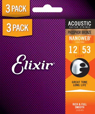 Phosphor Bronze Nanoweb Light Acoustic Guitar Strings 12-53 - 3 Pack
