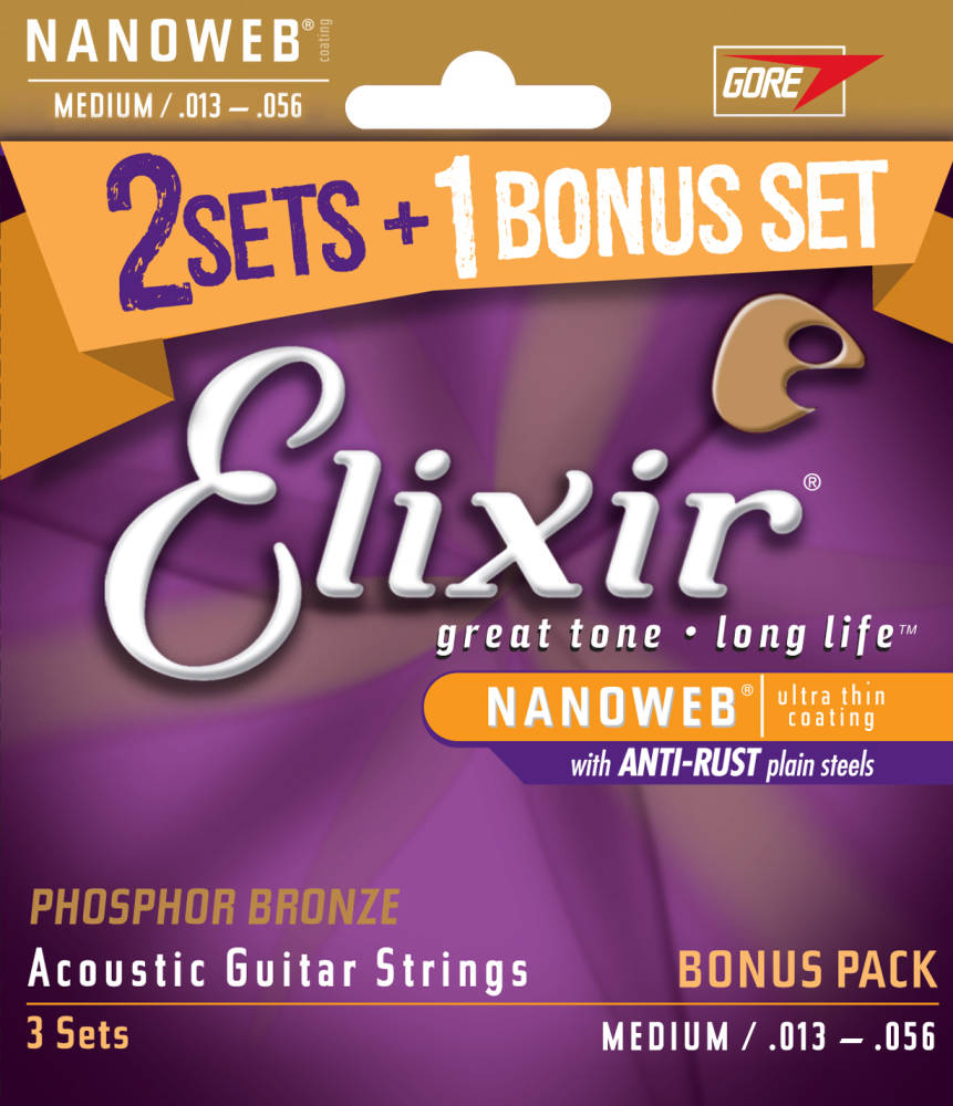 Phosphor Bronze Nanoweb Medium Acoustic Guitar Strings 13-56 - 3 Pack