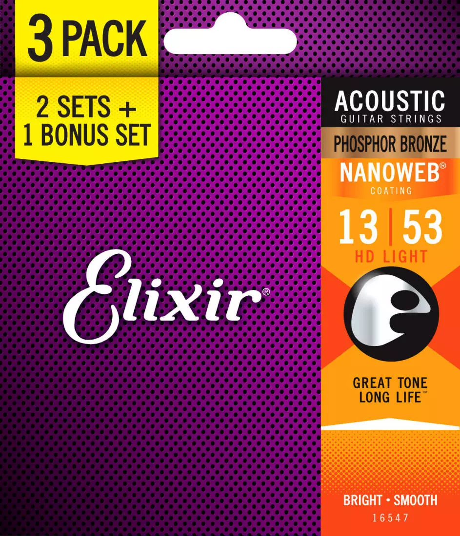 Phosphor Bronze Nanoweb HD Light Acoustic Guitar Strings 13-53 - 3 Pack