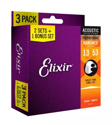 Phosphor Bronze Nanoweb HD Light Acoustic Guitar Strings 13-53 - 3 Pack