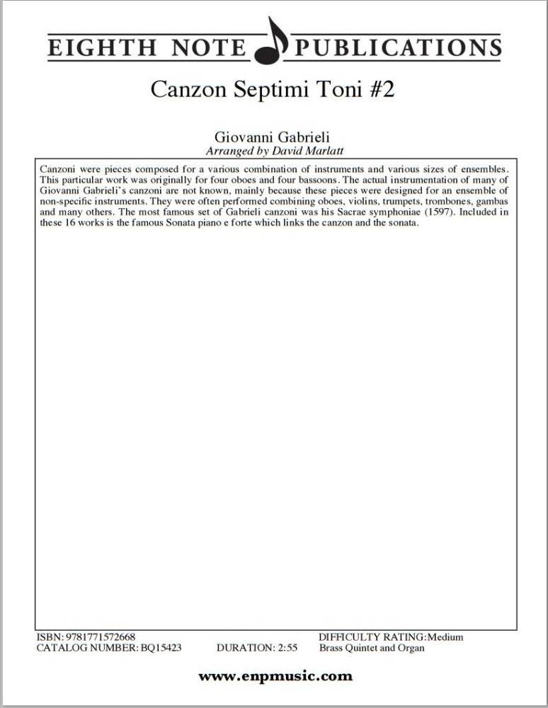 Canzon Septimi Toni #2 - Gabrieli/Marlatt - Brass Quintet/Organ