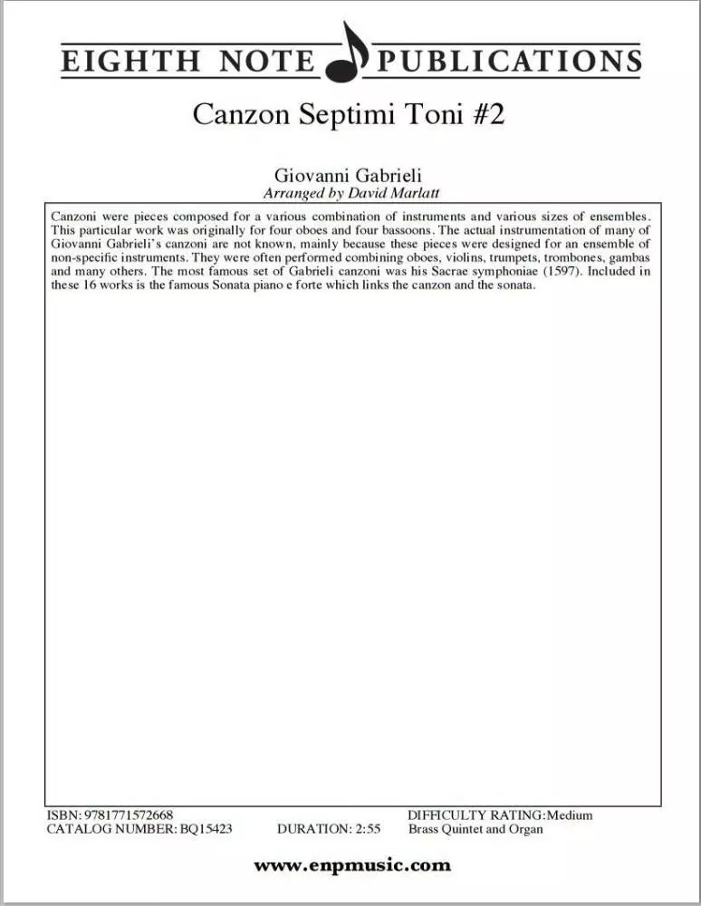 Canzon Septimi Toni #2 - Gabrieli/Marlatt - Brass Quintet/Organ
