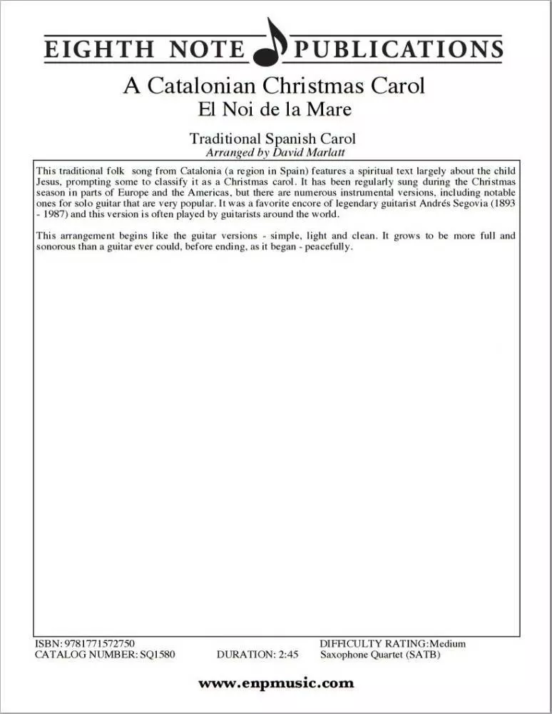 A Catalonian Christmas Carol: El Noi de la Mare - Traditional/Marlatt - Saxophone Quartet